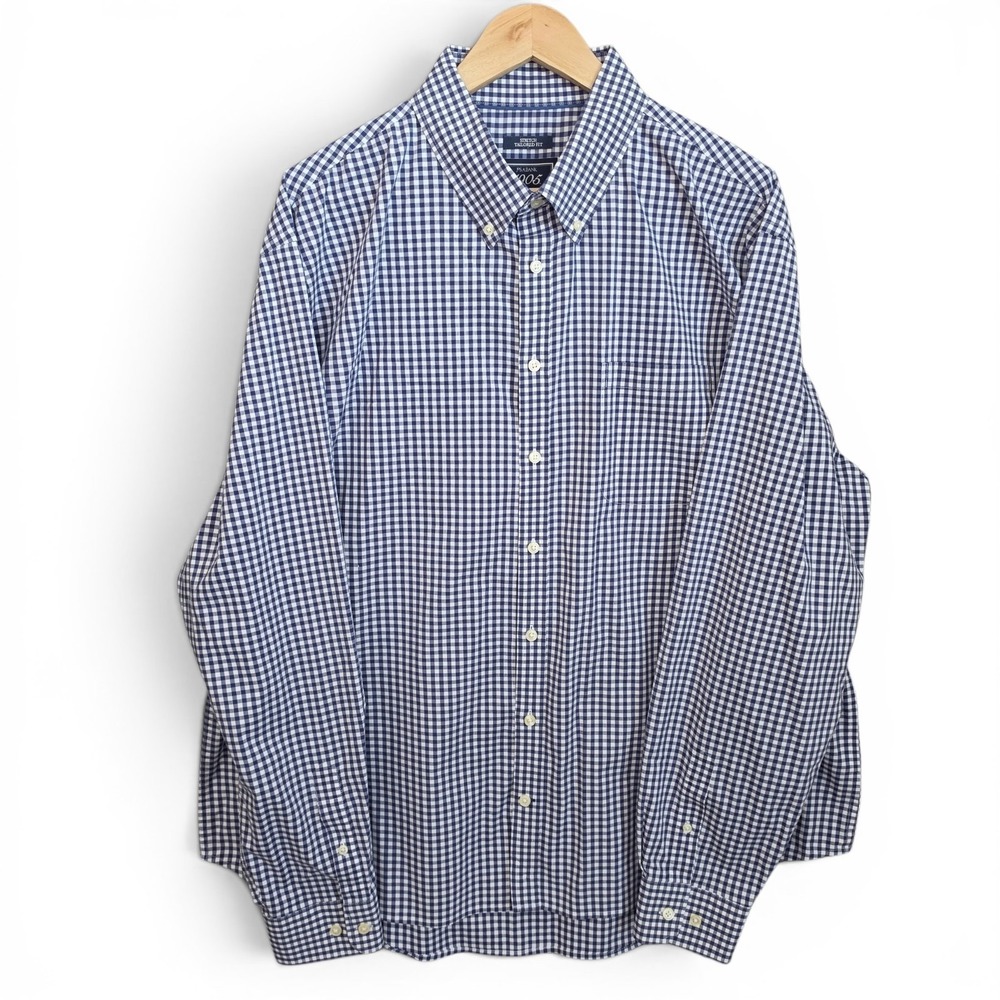 Jos A Bank 1905 Shirt Mens XXL Blue Gingham Check Button Stretch Tailored Fit